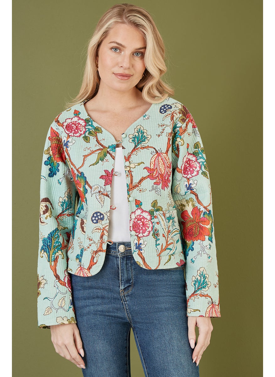 Floral Print Reversible Cotton Cropped Quilted Jacket