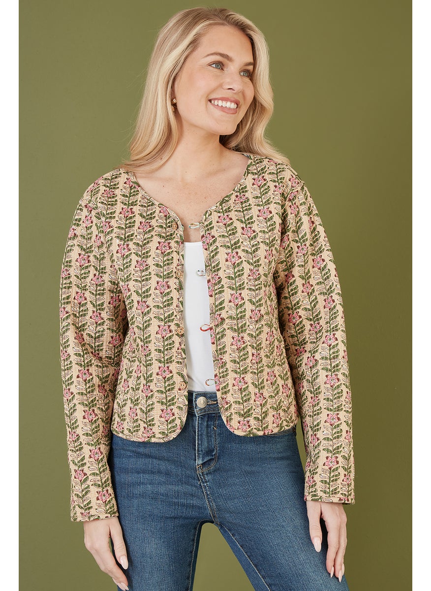 Floral Print Reversible Cotton Cropped Quilted Jacket