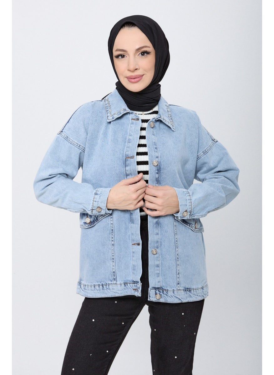 23622-ICE-BLUE Stone Detailed Denim Jacket