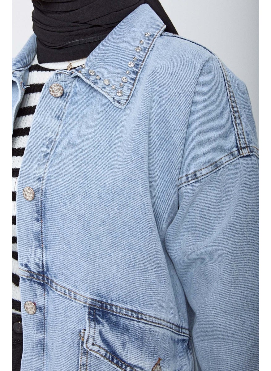 23622-ICE-BLUE Stone Detailed Denim Jacket