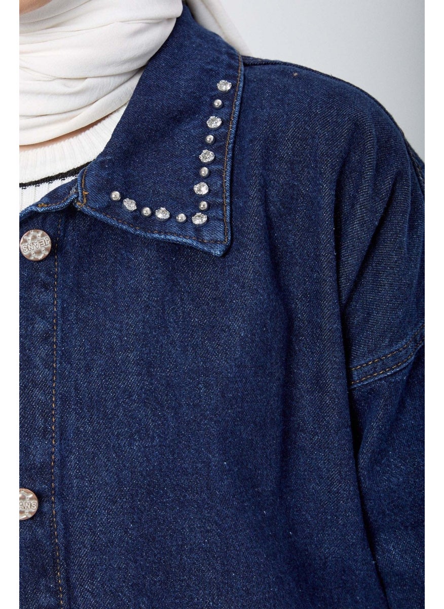 23622-DARK-BLUE Stone Detailed Denim Jacket