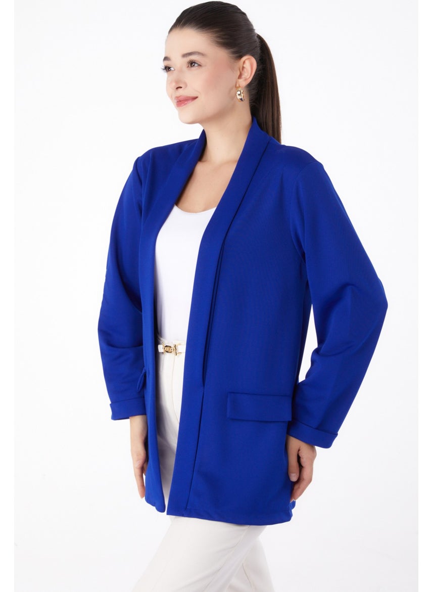 Plain Medium Women's Blue Pocket Detailed Jacket - 13261