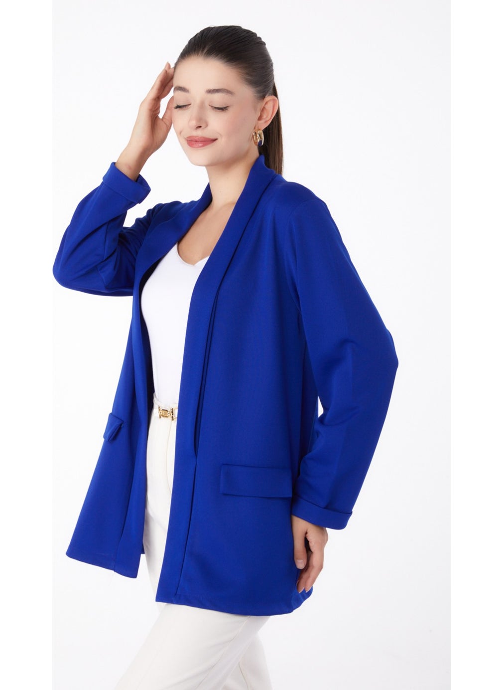 Plain Medium Women's Blue Pocket Detailed Jacket - 13261