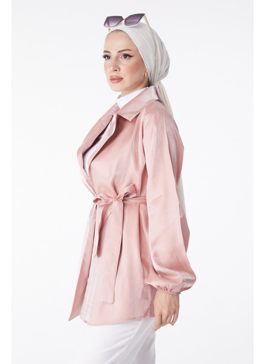 Plain Jacket Collar Women's Pink Shiny Detailed Belted Jacket - 24752