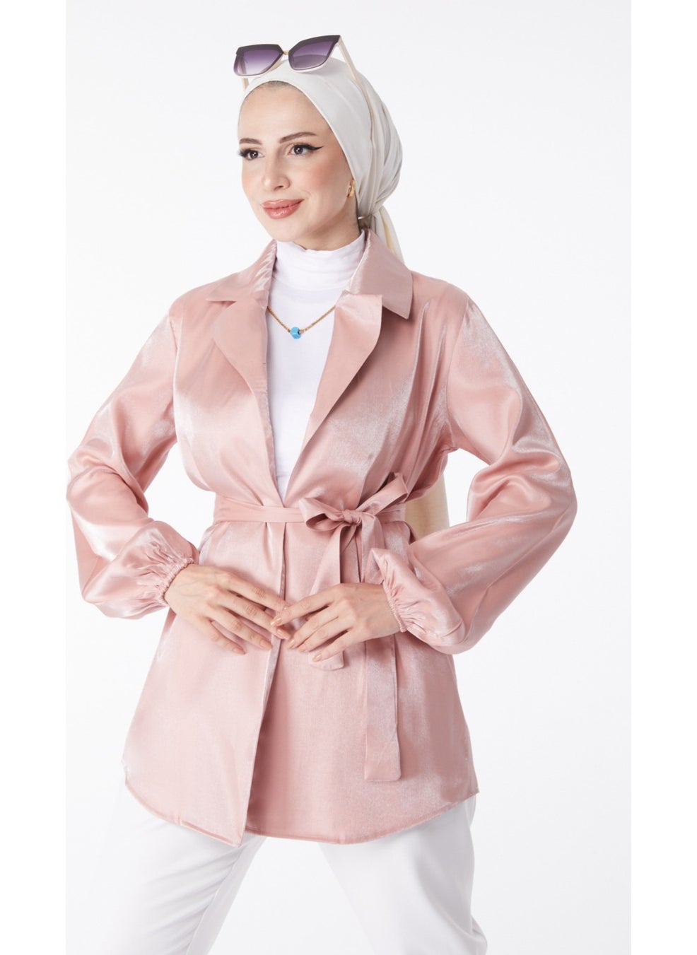 Plain Jacket Collar Women's Pink Shiny Detailed Belted Jacket - 24752