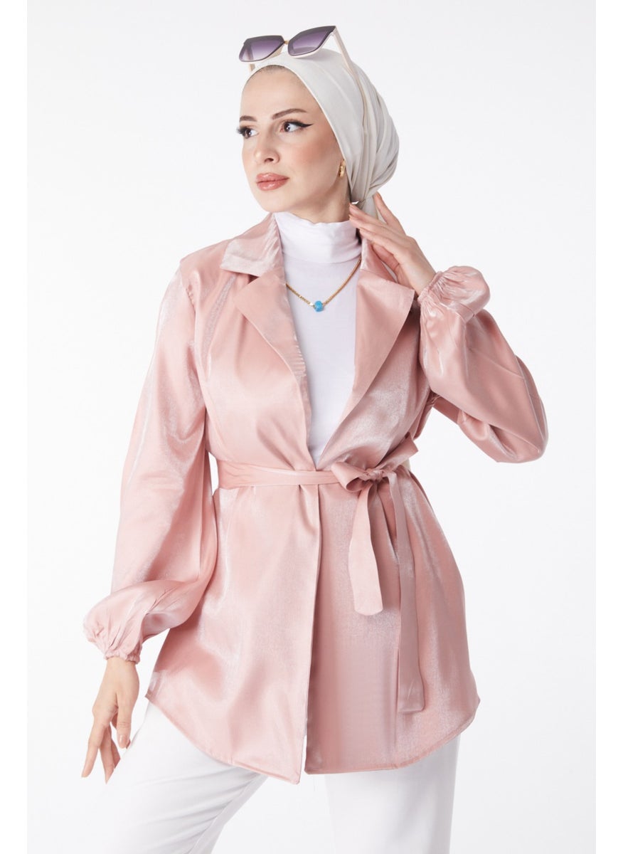 Plain Jacket Collar Women's Pink Shiny Detailed Belted Jacket - 24752