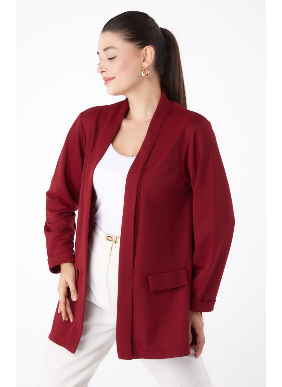 Plain Medium Women's Burgundy Pocket Detailed Jacket - 13261