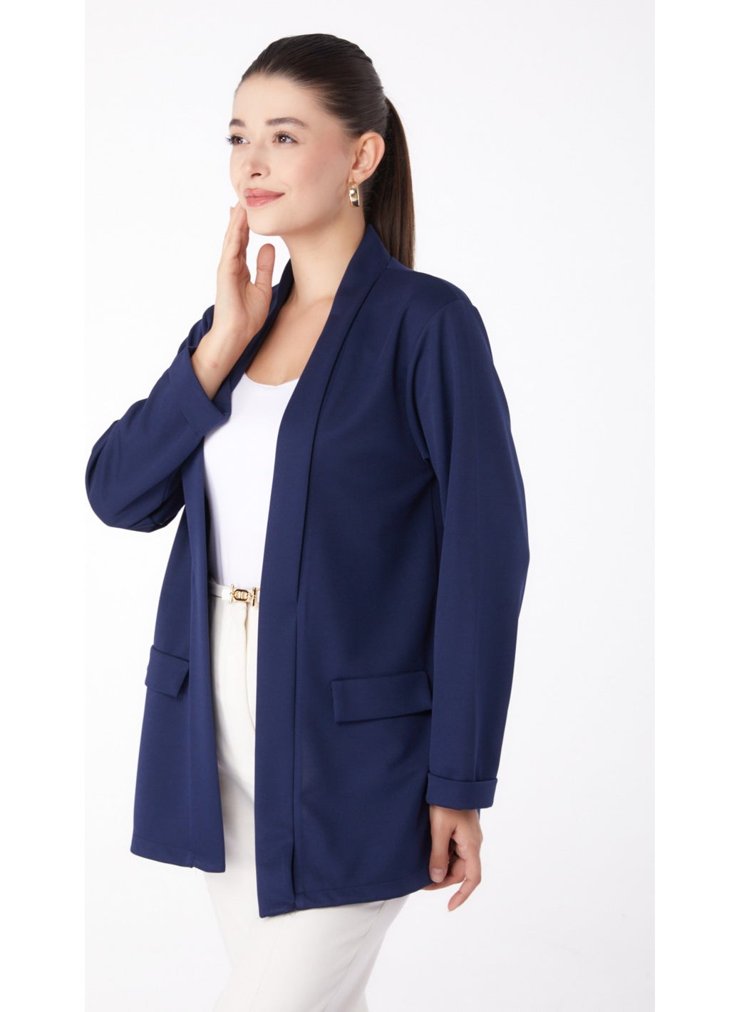 Plain Medium Women's Navy Blue Pocket Detailed Jacket - 13261