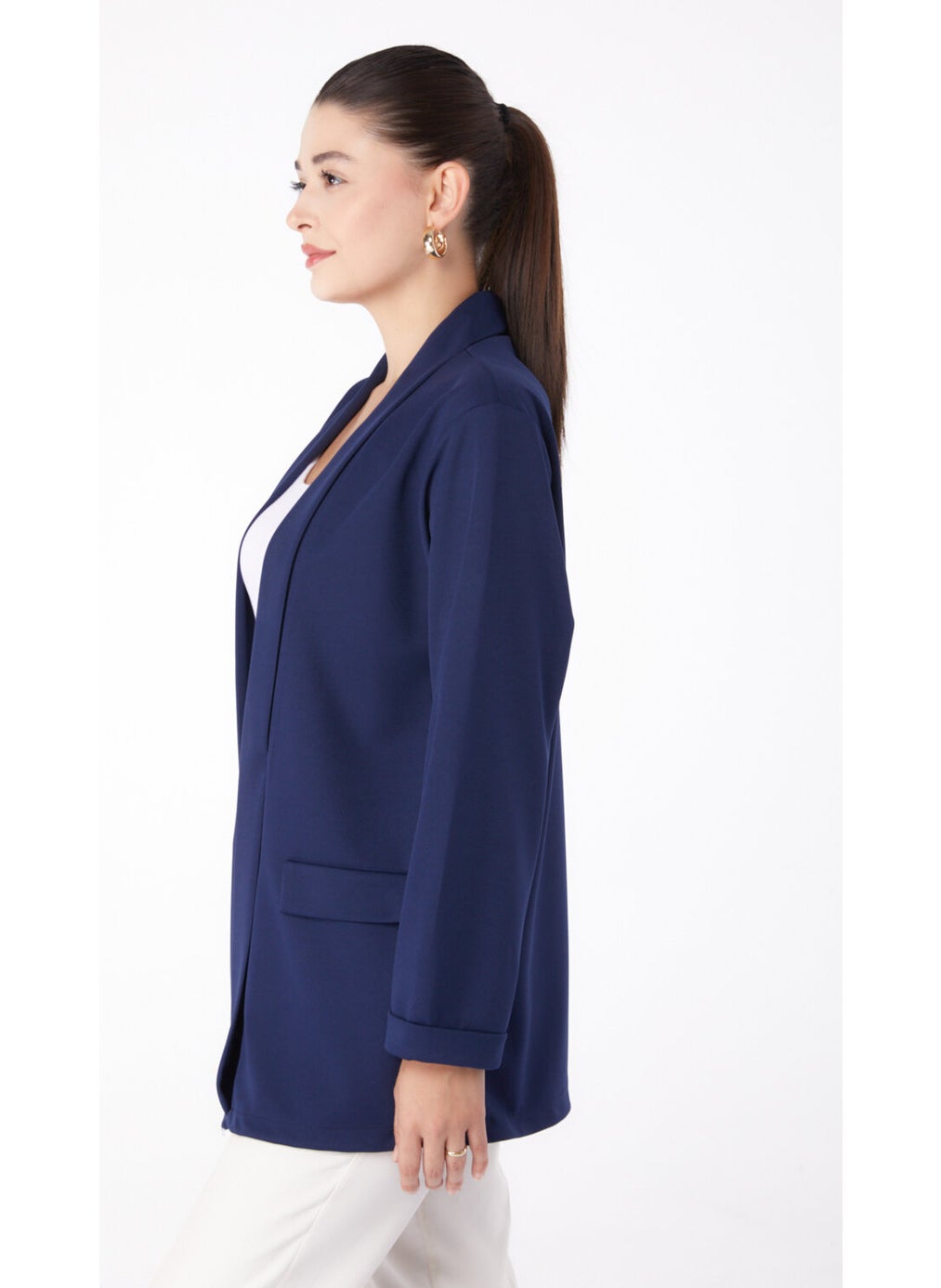 Plain Medium Women's Navy Blue Pocket Detailed Jacket - 13261