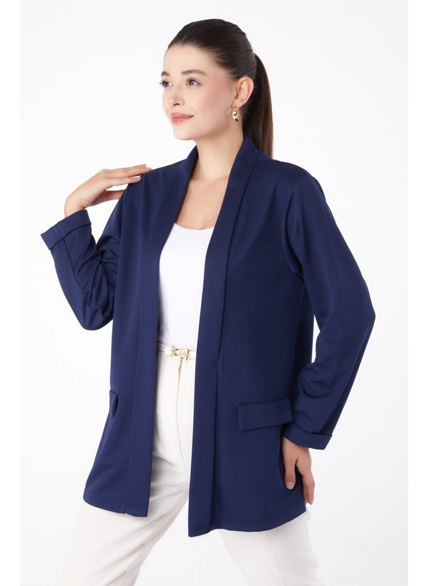 Plain Medium Women's Navy Blue Pocket Detailed Jacket - 13261