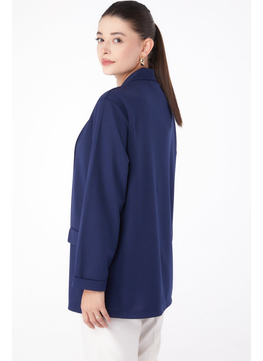 Plain Medium Women's Navy Blue Pocket Detailed Jacket - 13261