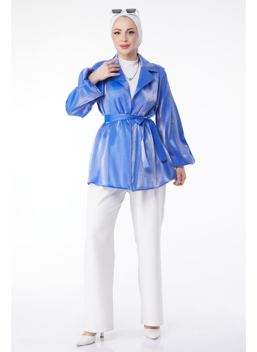 Plain Jacket Collar Women's Saxe Shiny Detailed Belted Jacket - 24752