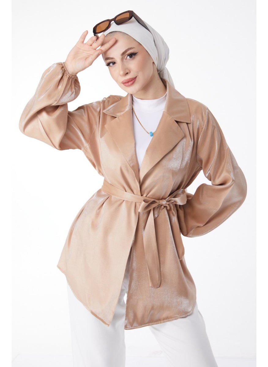 Plain Jacket Collar Women's Mink Shiny Detailed Belted Jacket - 24752