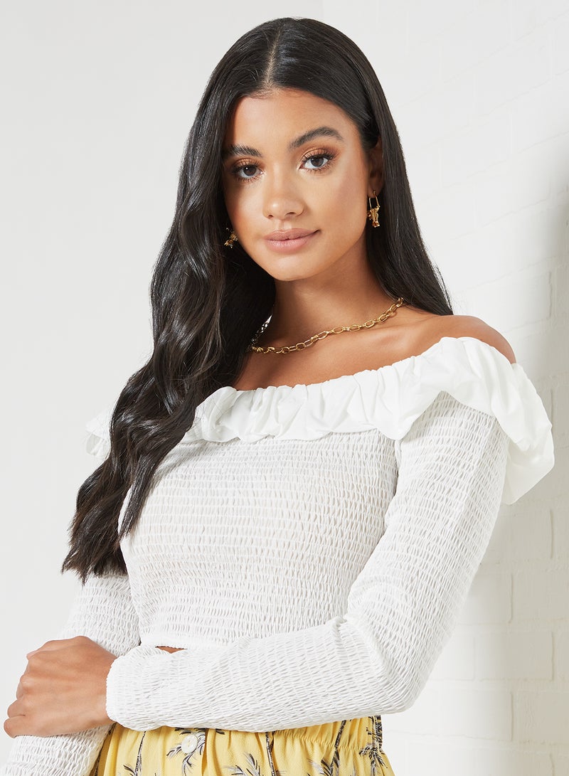 Smocked Off Shoulder Top White