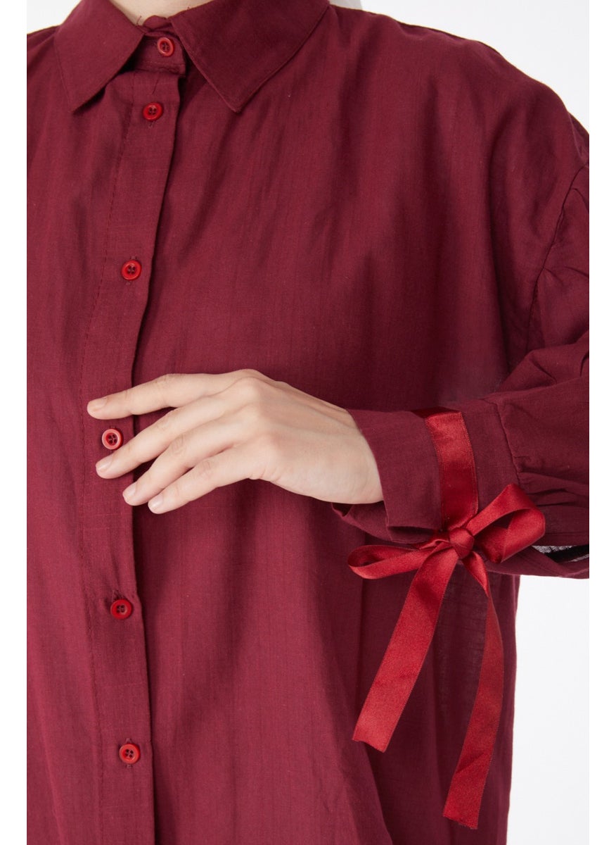 Plain Shirt Collar Women's Claret Red Balloon Sleeve Lace Detail Shirt 13161