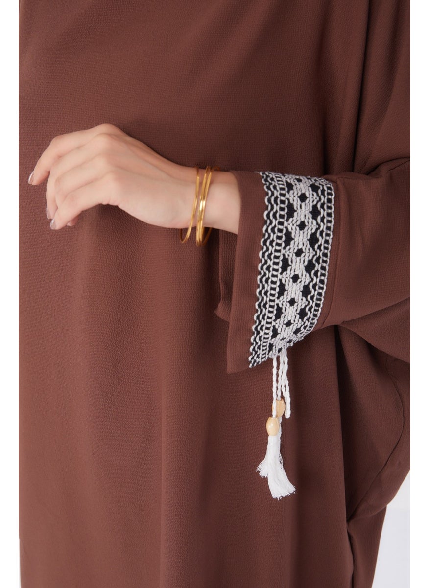 Plain Crew Neck Women's Brown Tassel Bat Sleeve Tunic - 13256