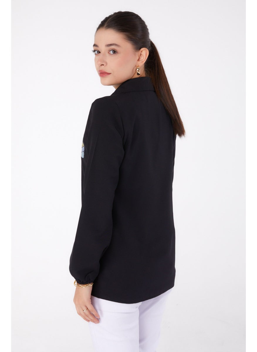 Plain Shirt Collar Women's Black Printed Shirt - 13340