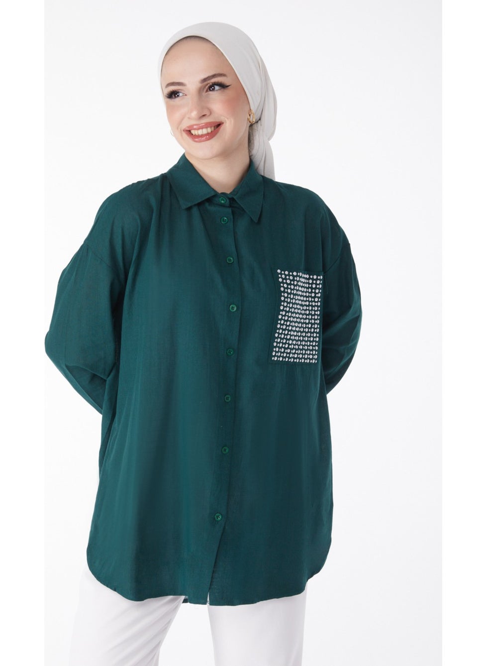 Plain Shirt Collar Women's Green Pocket Stone Detailed Tunic - 13168