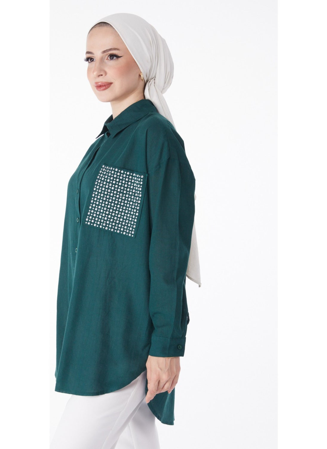 Plain Shirt Collar Women's Green Pocket Stone Detailed Tunic - 13168