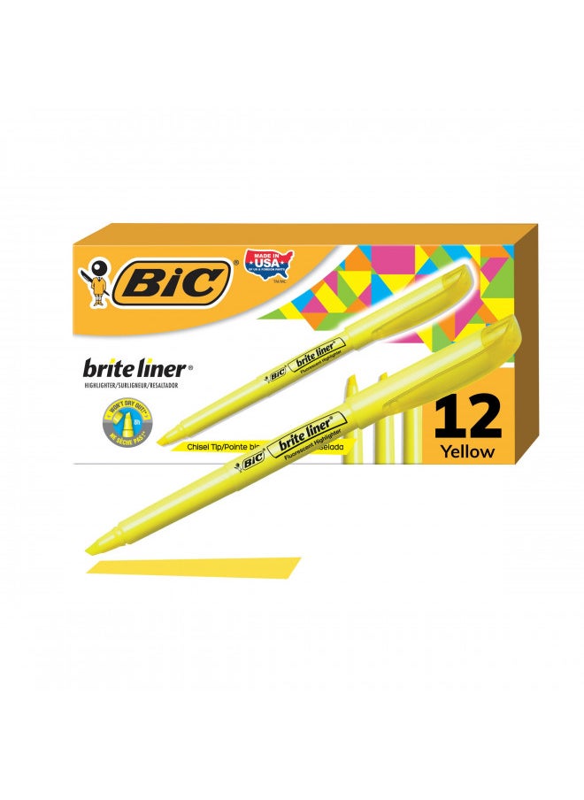 BIC Brite Liner Highlighters, Chisel Tip, Yellow Highlighters, 12-Count, For Broad Highlighting or Fine Underlining