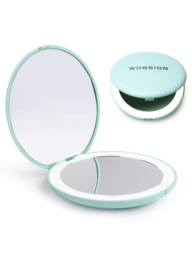 wobsion Travel Compact Mirror,Portable 1x/10x LED Makeup Mirror with Magnification,Handheld 2-Sided Pocket Mirror, 3.5in Small Mirror for Purse,Handbag,Gifts,Cyan