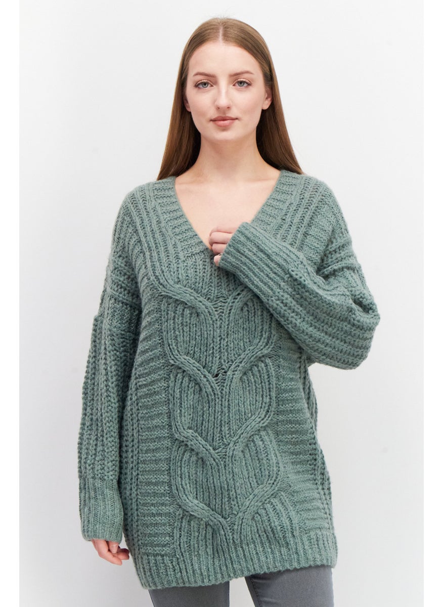 Women V-Neck Crochet Sweater, Green