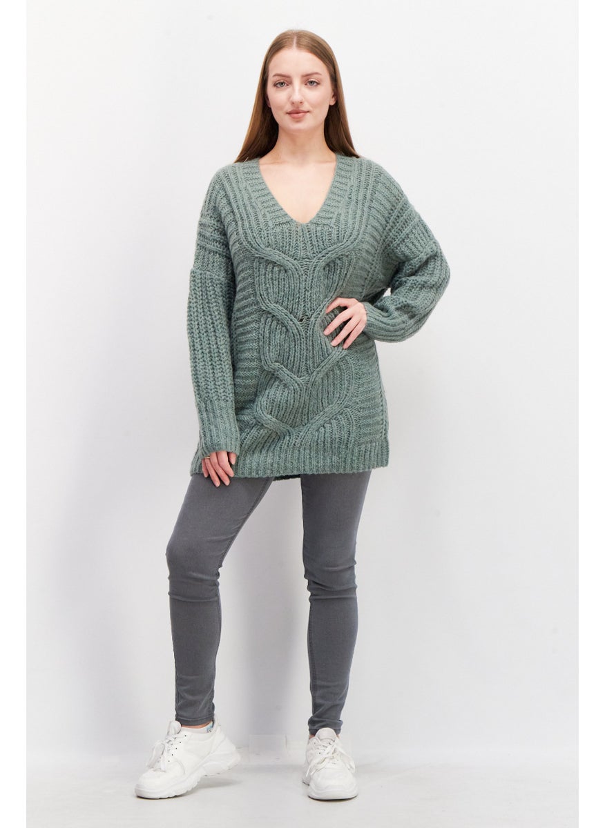 Women V-Neck Crochet Sweater, Green