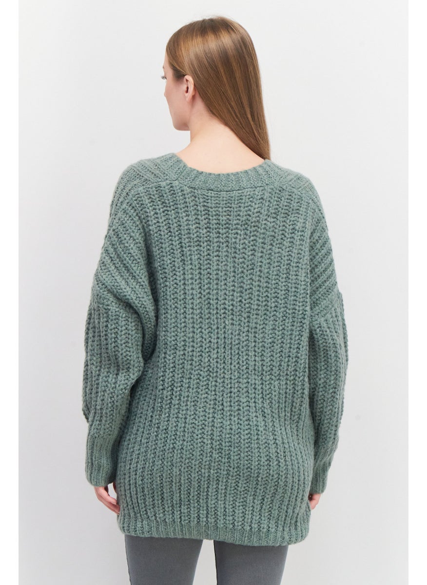 Women V-Neck Crochet Sweater, Green