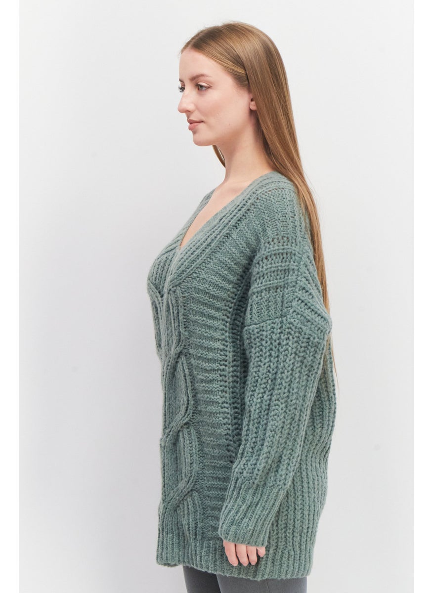 Women V-Neck Crochet Sweater, Green