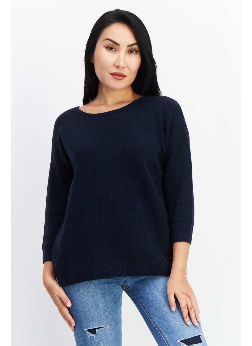 Women Round Neck Textured Sweater, Navy Blue