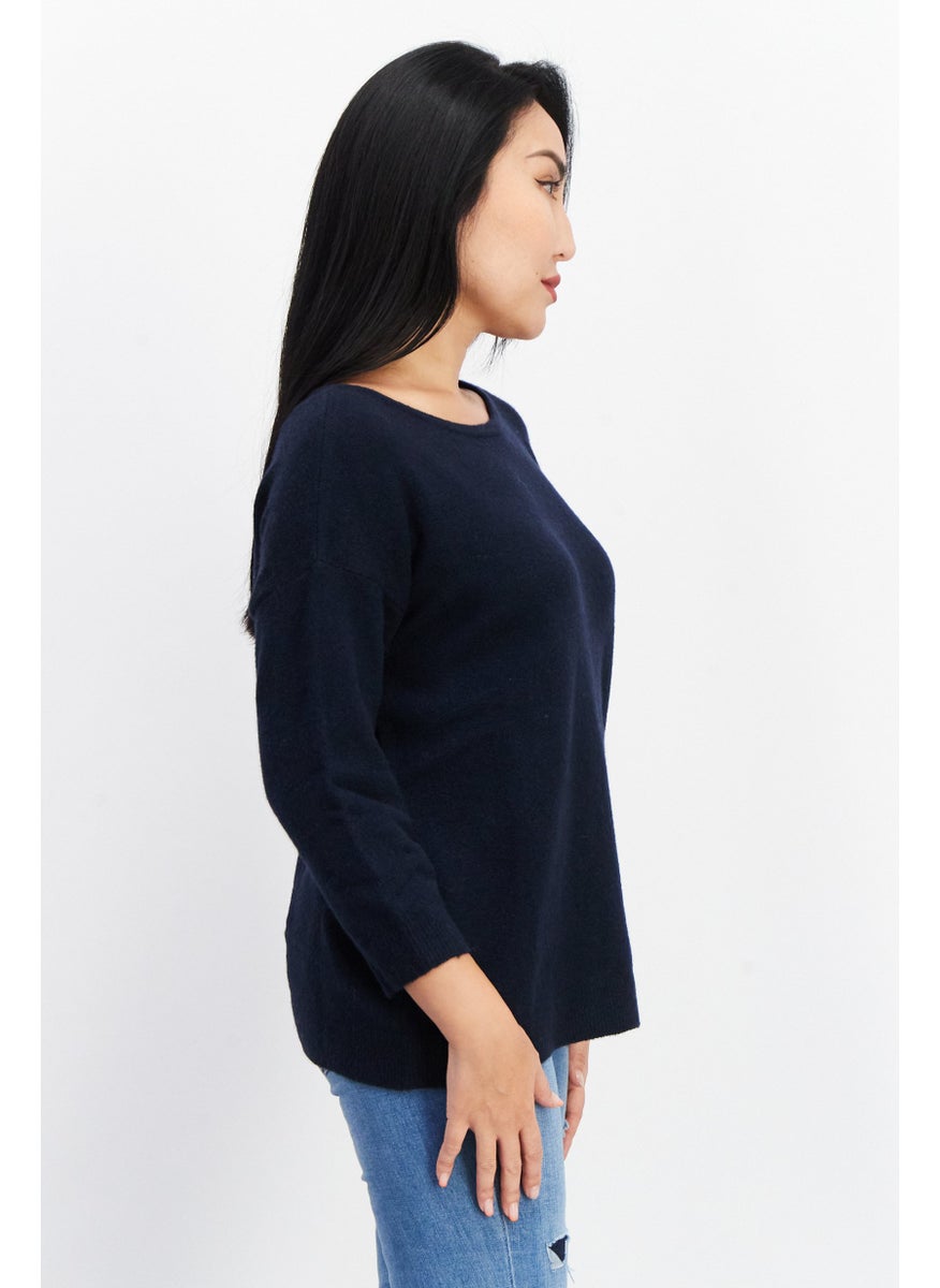 Women Round Neck Textured Sweater, Navy Blue