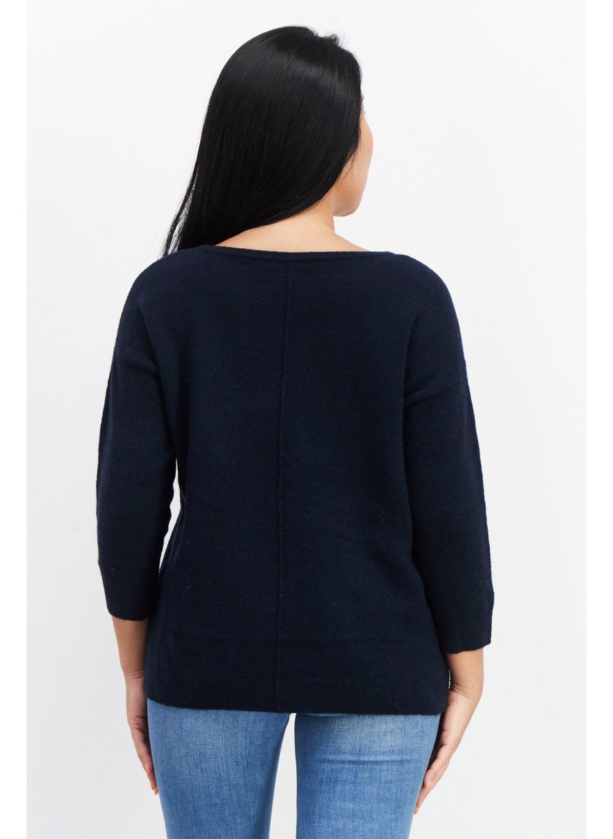 Women Round Neck Textured Sweater, Navy Blue