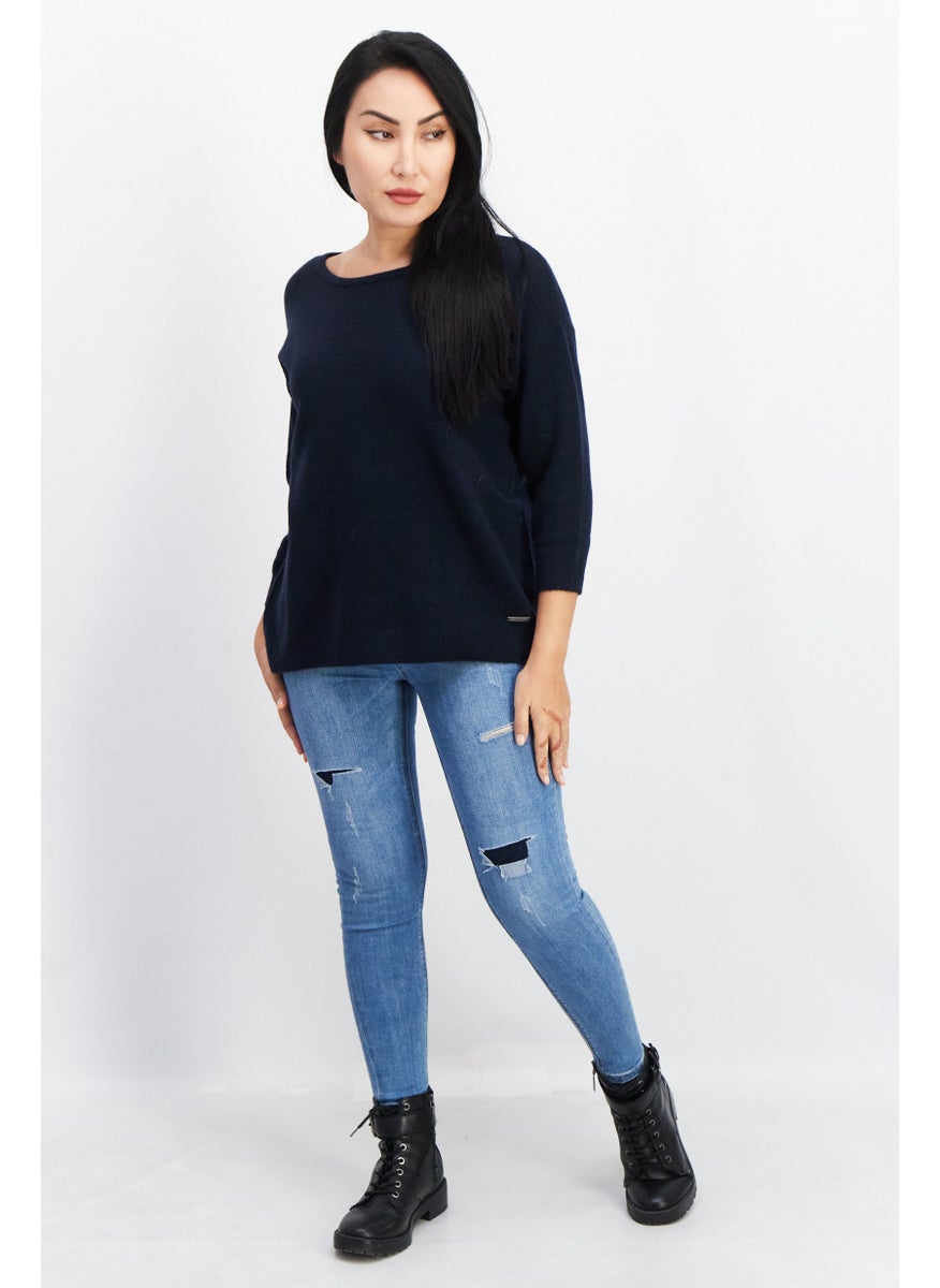 Women Round Neck Textured Sweater, Navy Blue