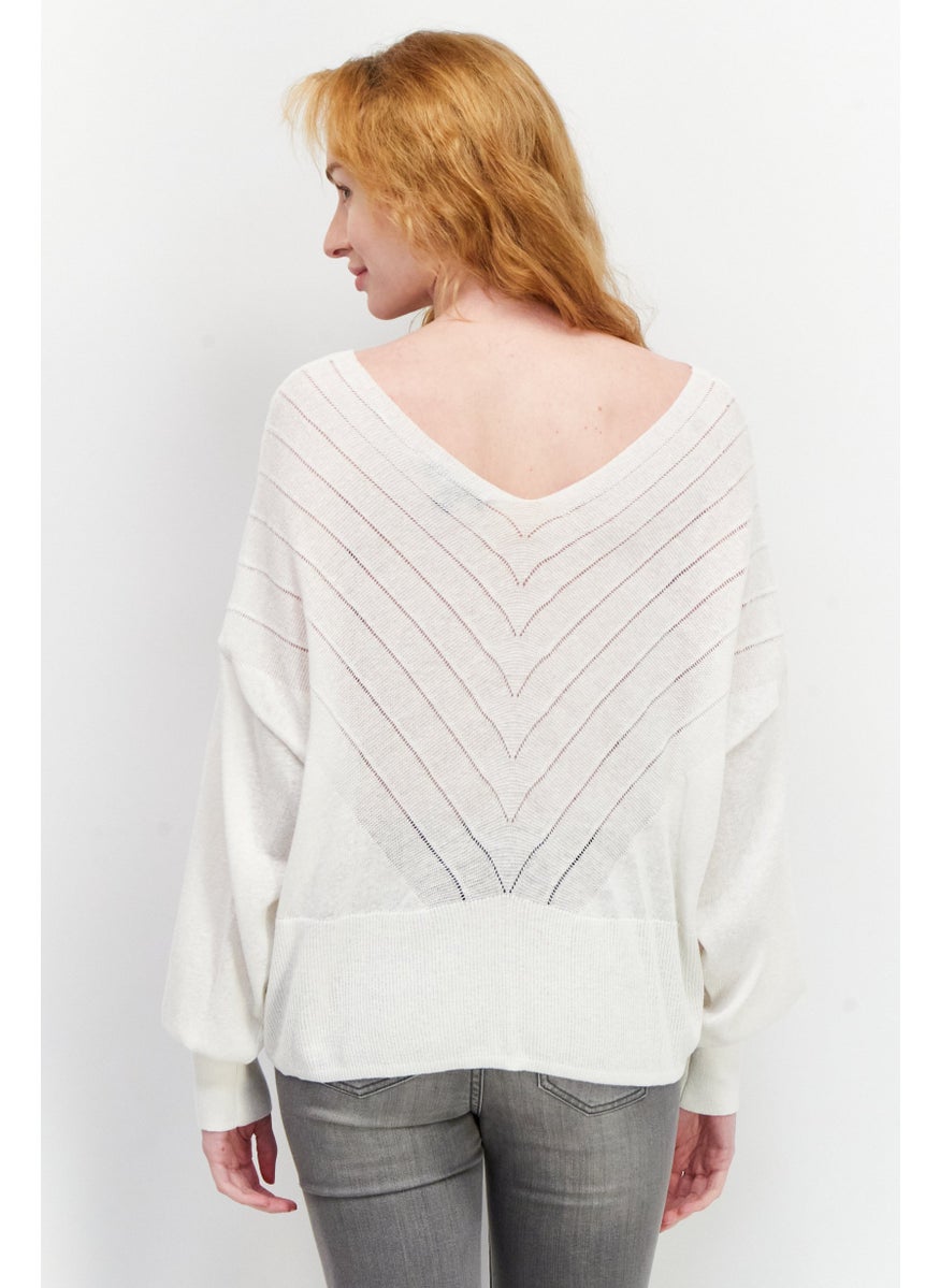 Women V-Neck Knitted Long Sleeve Sweater, Off White