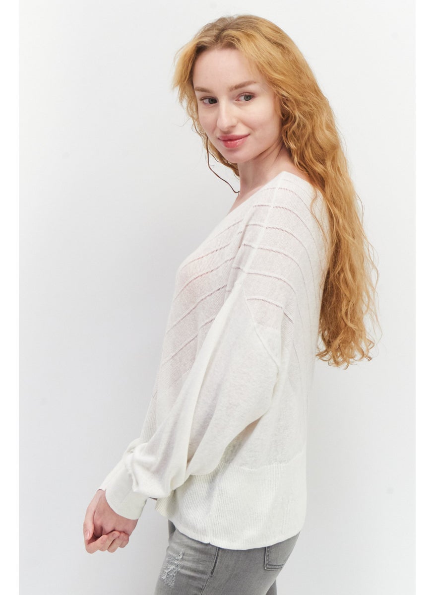 Women V-Neck Knitted Long Sleeve Sweater, Off White