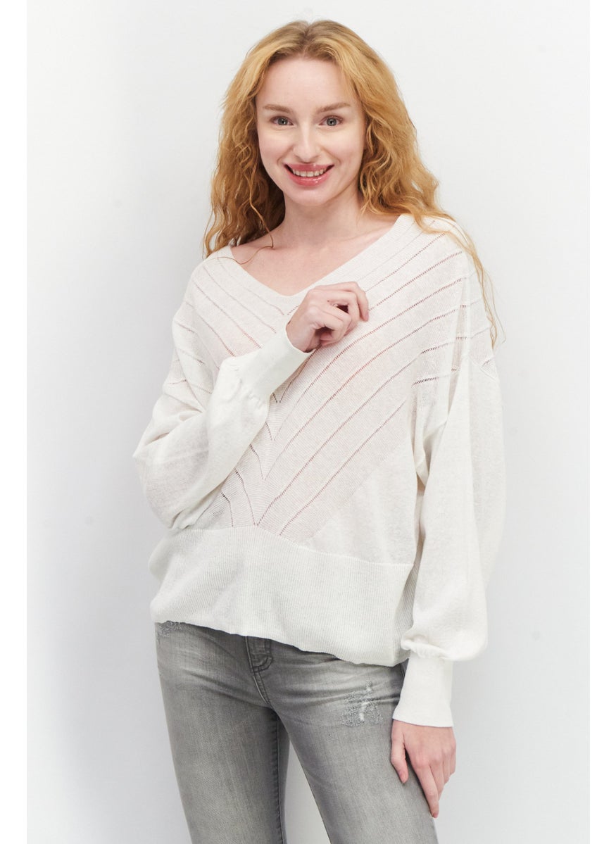 Women V-Neck Knitted Long Sleeve Sweater, Off White