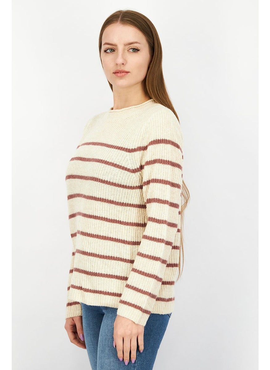 Women Crew Neck Stripe Sweater, Tan