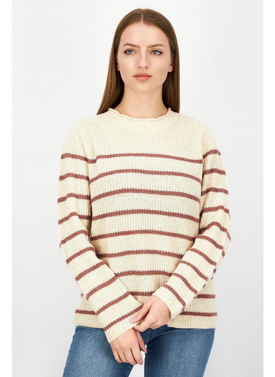 Women Crew Neck Stripe Sweater, Tan