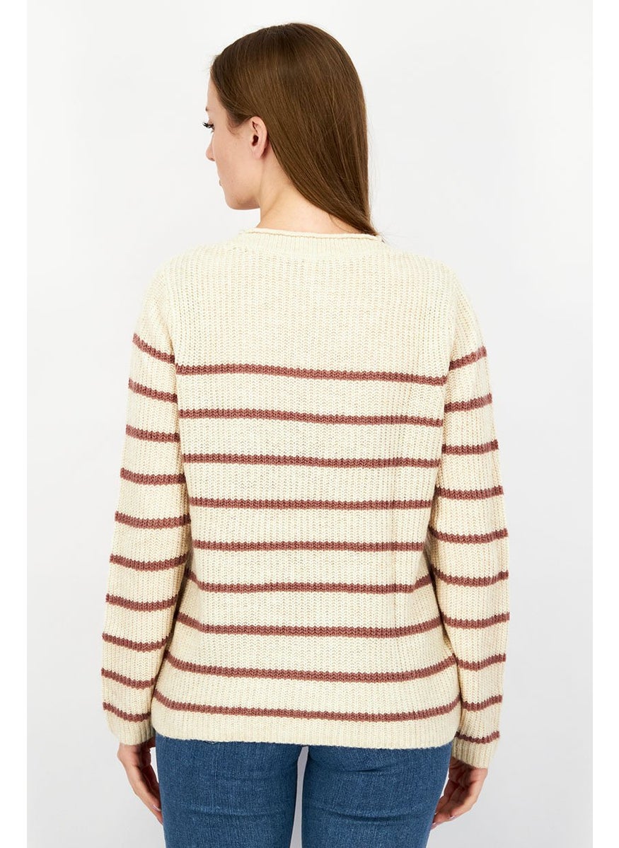 Women Crew Neck Stripe Sweater, Tan