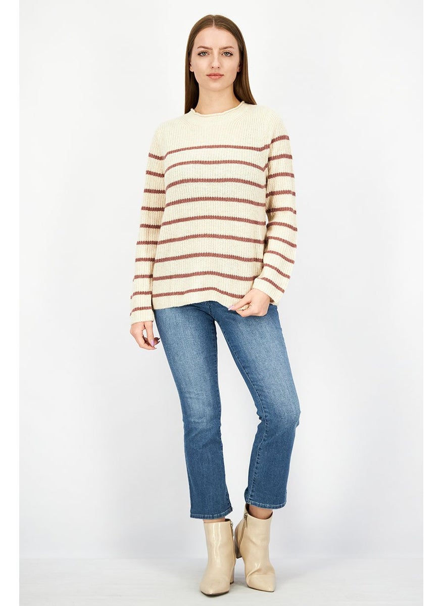 Women Crew Neck Stripe Sweater, Tan