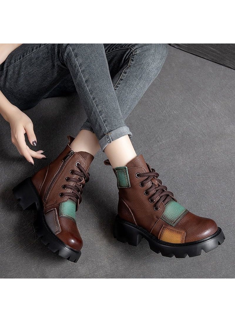 2023 Womens Martin Boots Autumn Retro Lace-up Booties Brown fleece-lined