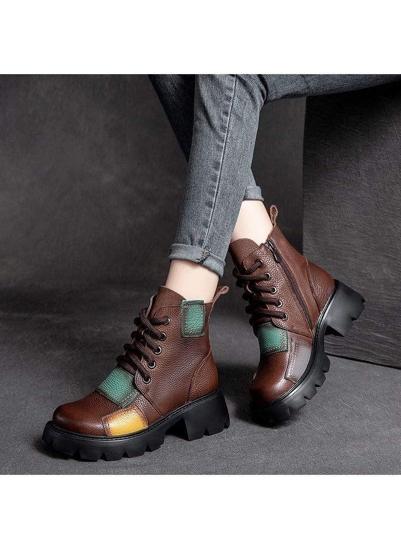 2023 Womens Martin Boots Autumn Retro Lace-up Booties Brown single lining