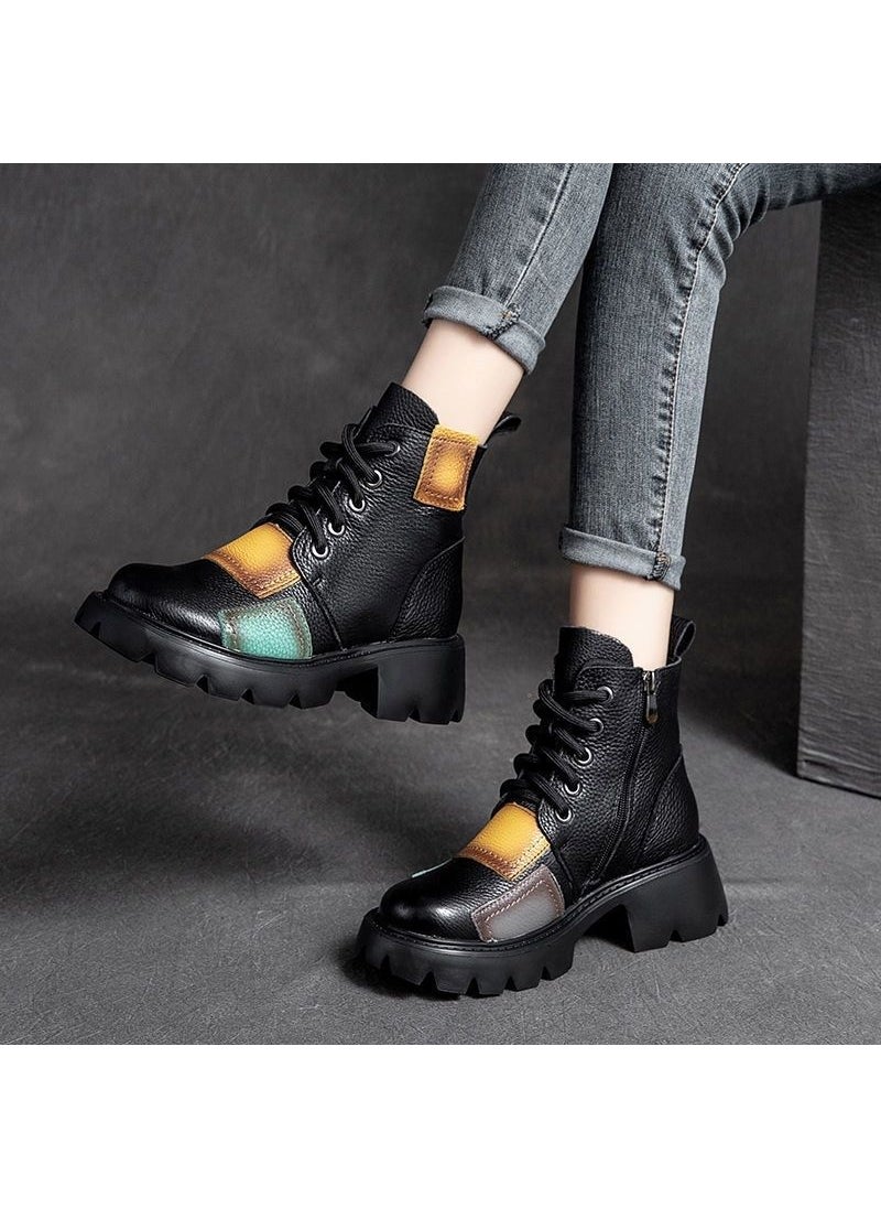 2023 Womens Martin Boots Autumn Retro Lace-up Booties Black fleece-lined