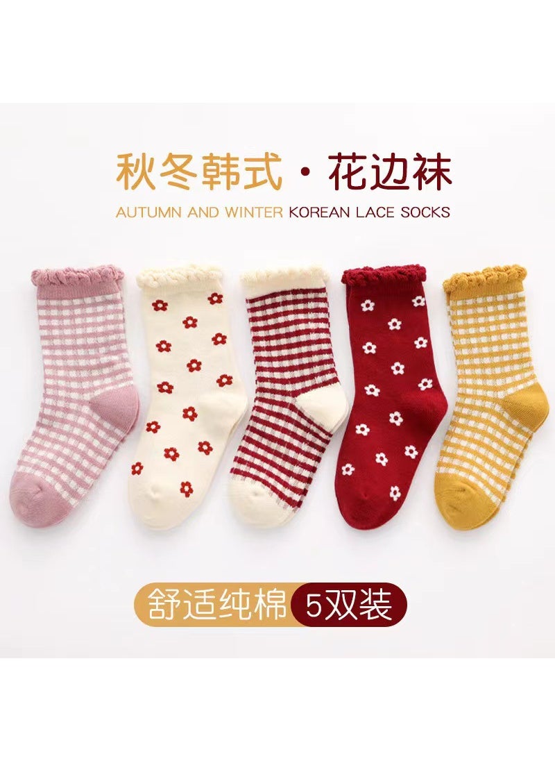 Kids Cartoon Ultraman Cotton Socks Autumn Lace small floral (5 pairs)