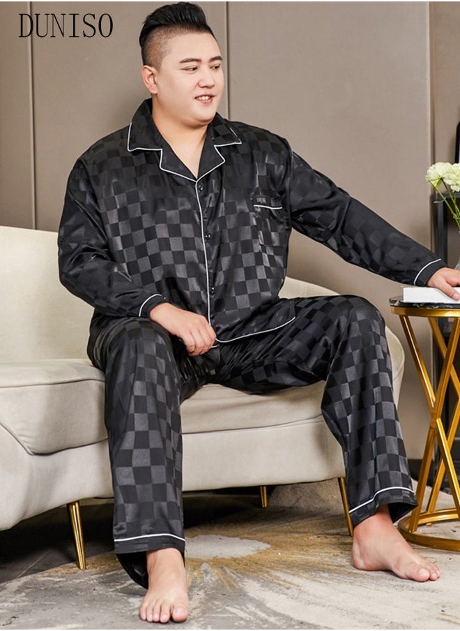 2-piece Extra Large Men' s Pajama Set Silk Satin Long Sleeve Sleepwear with Button Classic Loungewear Nightwear Notch Neck Shirt and Waist Elastic Pants Pajama for Chubby Men