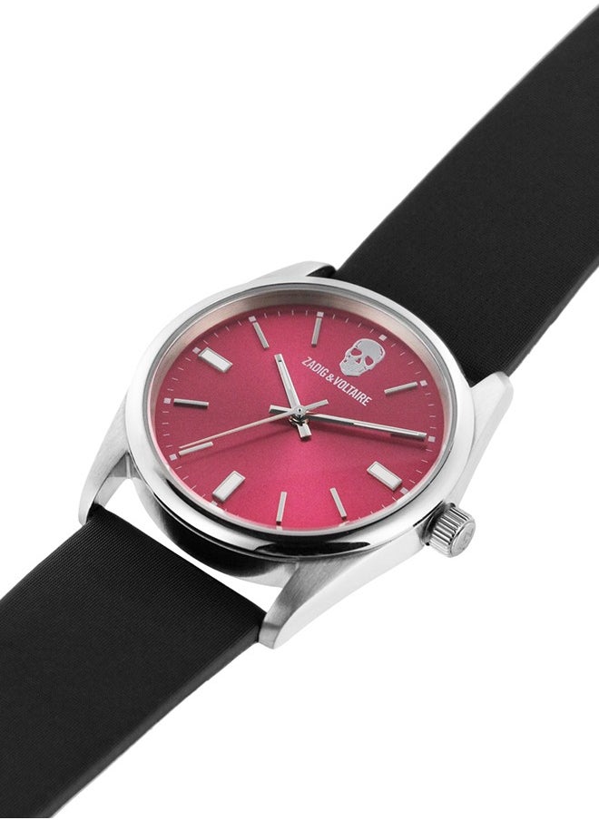 Women Zadig and Voltaire Fuchsia Dial and Black Satin Strap on Leather Bracelet Watch  - ZVF248