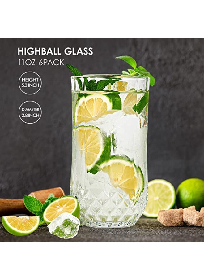 Highball Drinking Glasses Set of 6 Clear Cocktail Glasses