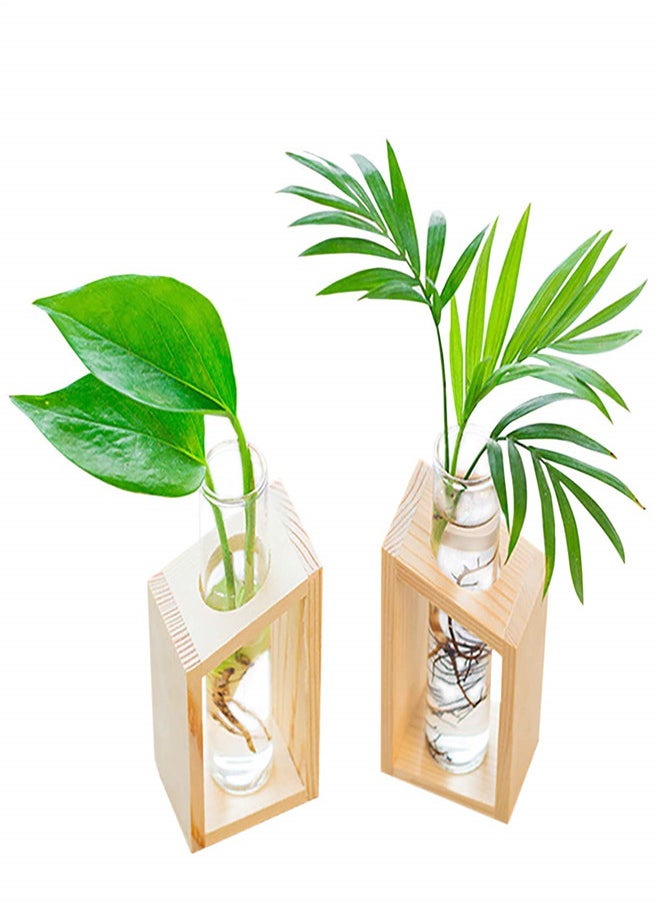 Glass Vase Plant Terrarium with Wooden Stand, Glass Test Tube for Hydroponic Plants Propagation Home Garden Decoration-Mini