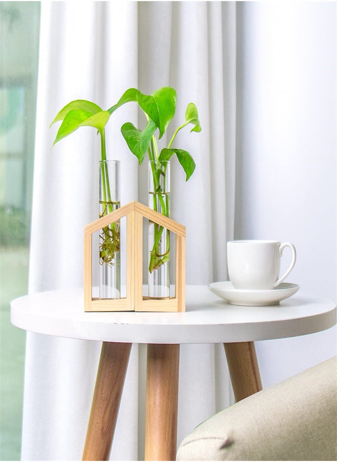 Glass Vase Plant Terrarium with Wooden Stand, Glass Test Tube for Hydroponic Plants Propagation Home Garden Decoration-Mini