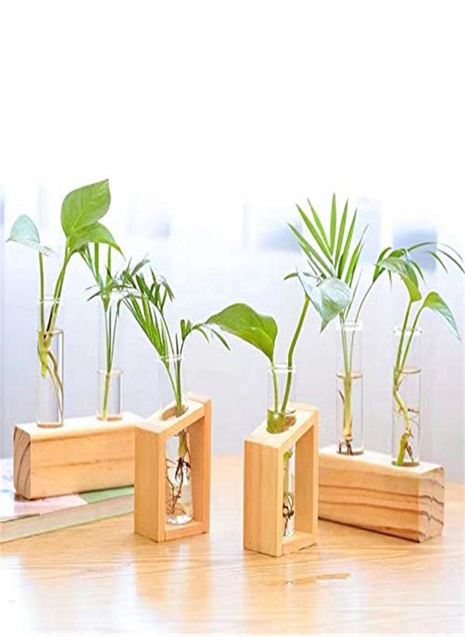 Glass Vase Plant Terrarium with Wooden Stand, Glass Test Tube for Hydroponic Plants Propagation Home Garden Decoration-Mini